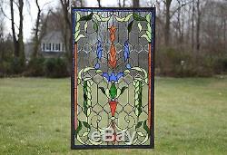 20.5/"W x 34.75/"H Handcrafted Jeweled stained glass window panel.