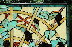 34" x 20" Lg Handcrafted Jeweled Handcrafted stained glass window panel Grape 