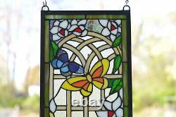10 x 36 Handcrafted stained glass window panel Butterfly Garden Flower