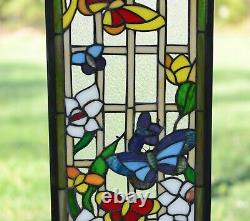 10 x 36 Handcrafted stained glass window panel Butterfly Garden Flower