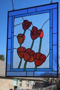 $ 100 OFF? Beautiful Red Poppy -Stained Glass Window Panel -HMD 317 3/8x 21