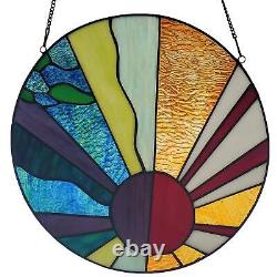 12.75 H Window Panel Round Stained Glass Earth Elements Hanging Large