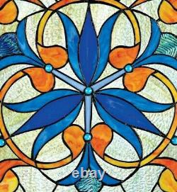17 x 17 Blue Floral Orchids Tiffany Style Stained Glass Window Panel