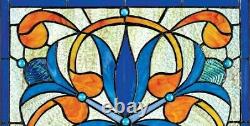 17 x 17 Blue Floral Orchids Tiffany Style Stained Glass Window Panel