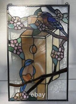 18.5 x 12 Leaded Stained Glass Blue Birds Panel Sun Catcher Tiffany Style