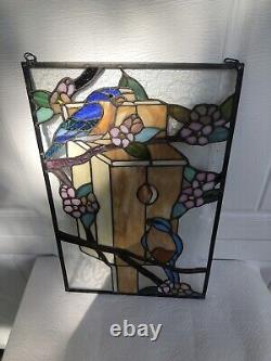 18.5 x 12 Leaded Stained Glass Blue Birds Panel Sun Catcher Tiffany Style