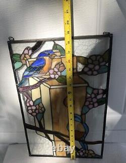 18.5 x 12 Leaded Stained Glass Blue Birds Panel Sun Catcher Tiffany Style