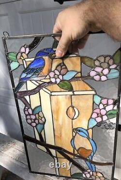 18.5 x 12 Leaded Stained Glass Blue Birds Panel Sun Catcher Tiffany Style