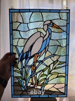 18 White & Blue Crane Stained Glass Window Panel