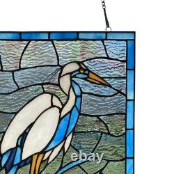 18 White & Blue Crane Stained Glass Window Panel
