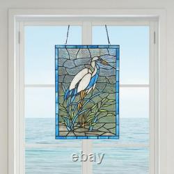 18 White & Blue Crane Stained Glass Window Panel
