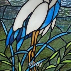 18 White & Blue Crane Stained Glass Window Panel