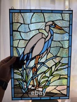 18 White & Blue Crane Stained Glass Window Panel