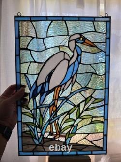 18 White & Blue Crane Stained Glass Window Panel