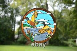 19.75 Dia TWO MALLARD DUCKS Round Handcrafted Stained Glass Suncatcher Panel