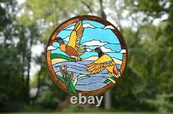 19.75 Dia TWO MALLARD DUCKS Round Handcrafted Stained Glass Suncatcher Panel