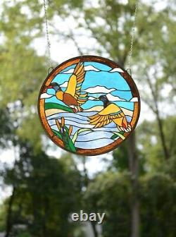 19.75 Dia TWO MALLARD DUCKS Round Handcrafted Stained Glass Suncatcher Panel