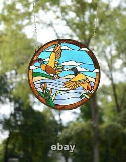 19.75 Dia TWO MALLARD DUCKS Round Handcrafted Stained Glass Suncatcher Panel