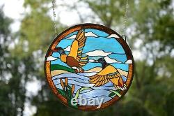 19.75 Dia TWO MALLARD DUCKS Round Handcrafted Stained Glass Suncatcher Panel