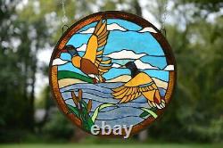 19.75 Dia TWO MALLARD DUCKS Round Handcrafted Stained Glass Suncatcher Panel