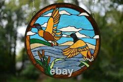 19.75 Dia TWO MALLARD DUCKS Round Handcrafted Stained Glass Suncatcher Panel