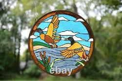 19.75 Dia TWO MALLARD DUCKS Round Handcrafted Stained Glass Suncatcher Panel