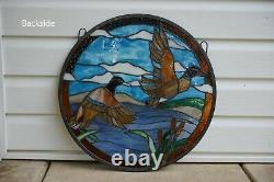 19.75 Dia TWO MALLARD DUCKS Round Handcrafted Stained Glass Suncatcher Panel