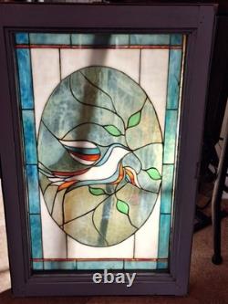 1920s ANTIQUE STAINED GLASS WINDOW 28 by 14 Red, White, and Blue Dove of Peace