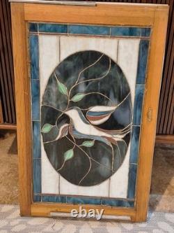 1920s ANTIQUE STAINED GLASS WINDOW 28 by 14 Red, White, and Blue Dove of Peace