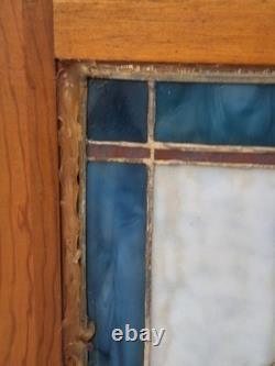 1920s ANTIQUE STAINED GLASS WINDOW 28 by 14 Red, White, and Blue Dove of Peace