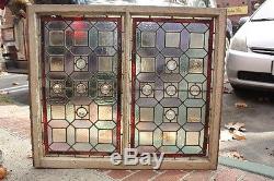 1920s Double Panel Framed Stained Glass Window Fits Spanish Revival Tudor (9853)