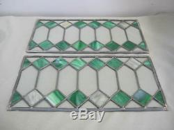 2 Art Deco Victorian Leaded Diamond Pane Stained Stain Glass Panels, Green White