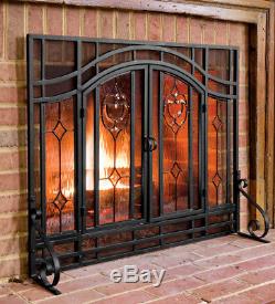 2-Door Floral Fireplace Screen with Beveled Glass Panels in Black