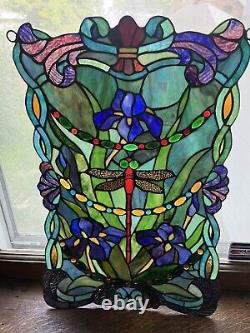 2 Identical Dragonfly Iris Stained Glass Window Panel Handmade 24 x16 Beautiful