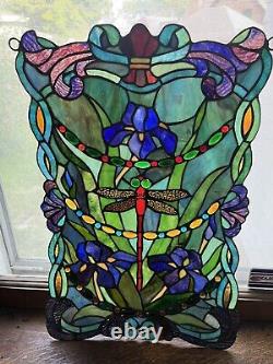 2 Identical Dragonfly Iris Stained Glass Window Panel Handmade 24 x16 Beautiful