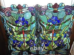 2 Identical Dragonfly Iris Stained Glass Window Panel Handmade 24 x16 Beautiful