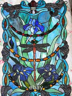 2 Identical Dragonfly Iris Stained Glass Window Panel Handmade 24 x16 Beautiful