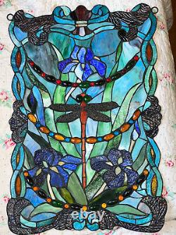 2 Identical Dragonfly Iris Stained Glass Window Panel Handmade 24 x16 Beautiful