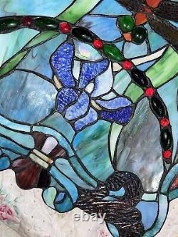 2 Identical Dragonfly Iris Stained Glass Window Panel Handmade 24 x16 Beautiful