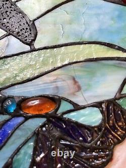 2 Identical Dragonfly Iris Stained Glass Window Panel Handmade 24 x16 Beautiful