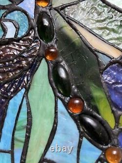 2 Identical Dragonfly Iris Stained Glass Window Panel Handmade 24 x16 Beautiful