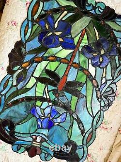 2 Identical Dragonfly Iris Stained Glass Window Panel Handmade 24 x16 Beautiful