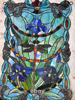 2 Identical Dragonfly Iris Stained Glass Window Panel Handmade 24 x16 Beautiful