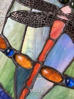 2 Identical Dragonfly Iris Stained Glass Window Panel Handmade 24 x16 Beautiful