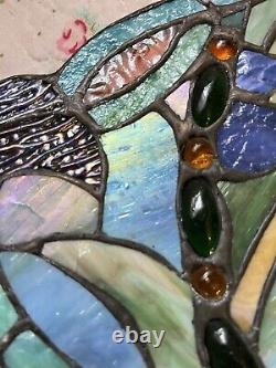 2 Identical Dragonfly Iris Stained Glass Window Panel Handmade 24 x16 Beautiful