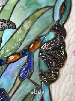 2 Identical Dragonfly Iris Stained Glass Window Panel Handmade 24 x16 Beautiful