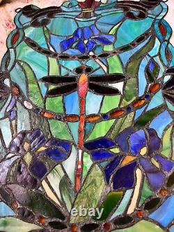 2 Identical Dragonfly Iris Stained Glass Window Panel Handmade 24 x16 Beautiful