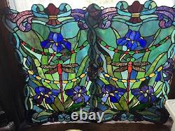 2 Identical Dragonfly Iris Stained Glass Window Panel Handmade 24 x16 Beautiful