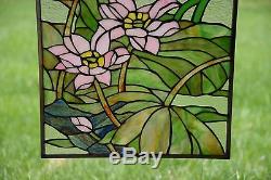2 Mandarin Ducks Birds Lotus Handcrafted Stained Glass Window Panel, 16 x 32