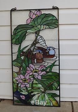 2 Mandarin Ducks Birds Lotus Tiffany Style Stained Glass Window Panel, 16 x 32